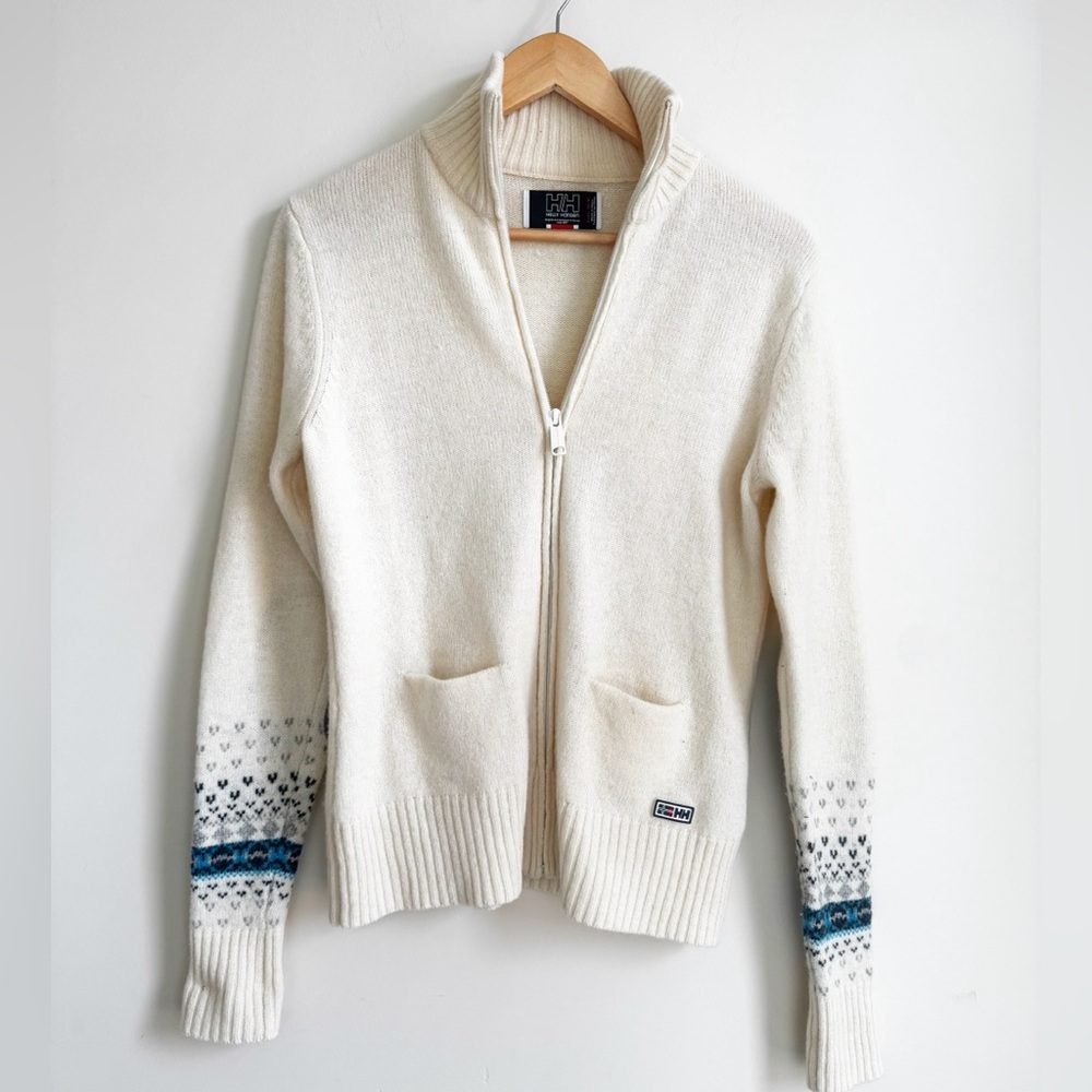 Helly Hansen Women's Wool Nordic Ski Sweater Cream Cardigan with Blue Patterns